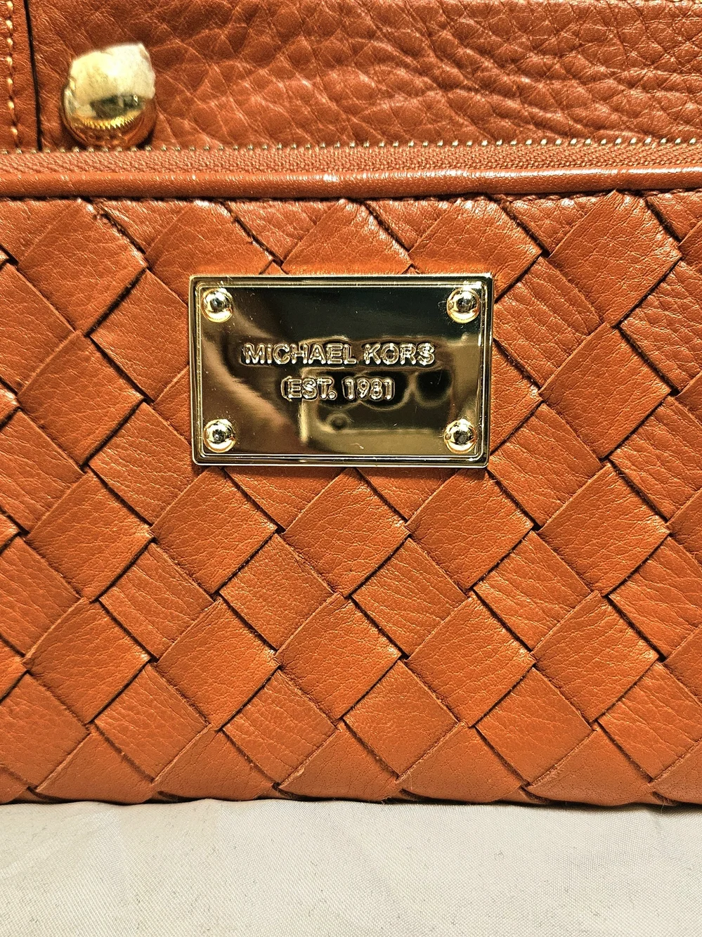 Michael Kors Hamilton Set, Burnt Orange Woven Leather Satchel/Crossbody/Coin Pur